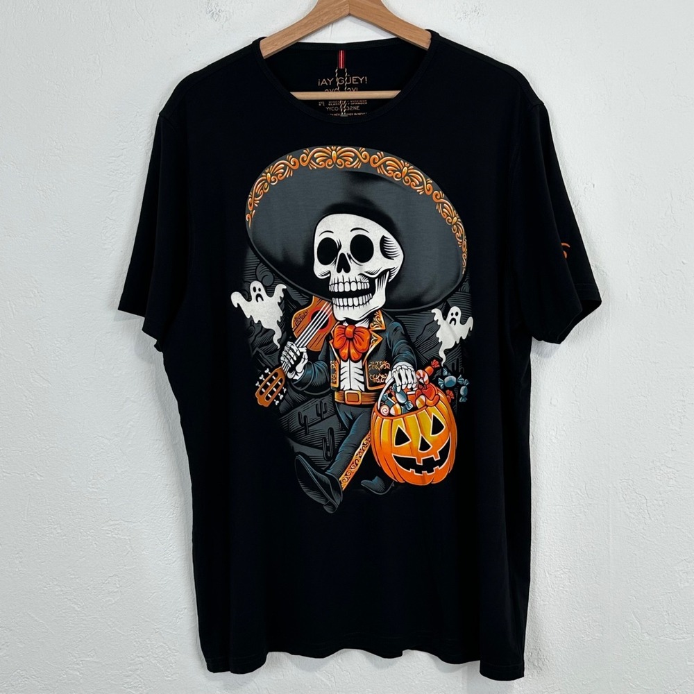 Ay Guey Mens Skull Halloween Shirt Size 2XL Black Short Sleeve Mexican Marachi